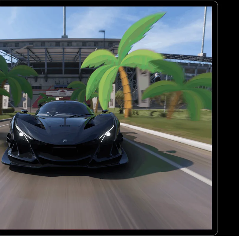 Kuycon P27D monitor on a black background, close-up of a black sports car speeding along a sunlit track