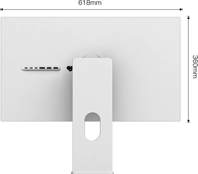 Diagram of the back of the Kuycon P27D monitor with its dimensions: 618 mm wide and 360 mm high without the stand