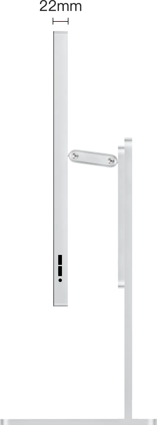 Side diagram of the Kuycon P27D monitor on its stand, with the enclosure thickness marked at 22 mm