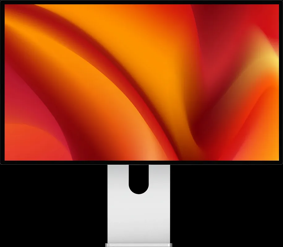 Kuycon P27D monitor on a black background showing waves of orange, red and yellow color, to illustrate color richness