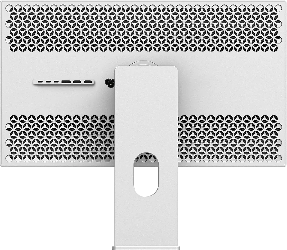 Perforated back of the Kuycon P27D monitor seen straight on, with the central stand and the row of connectors