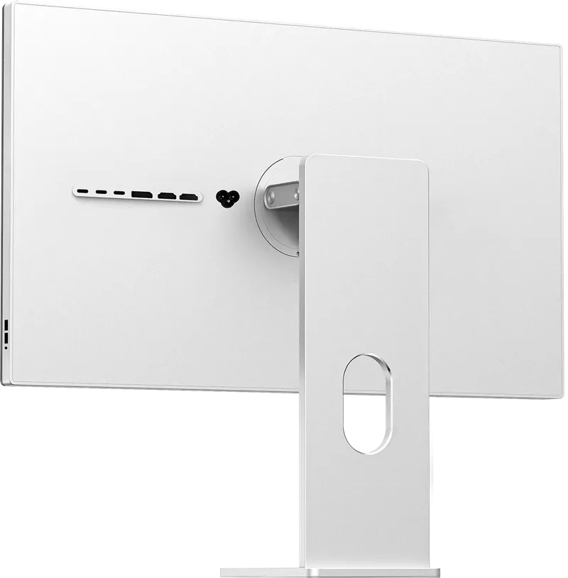 Three-quarter view of the plain back of the Kuycon P27D monitor: solid aluminum panel, row of connectors, power socket and aluminum stand