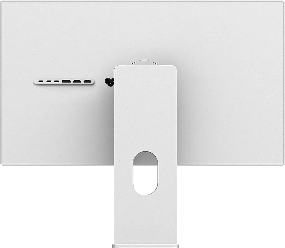 Plain back of the Kuycon P27D monitor seen straight on, with the central stand and the row of connectors