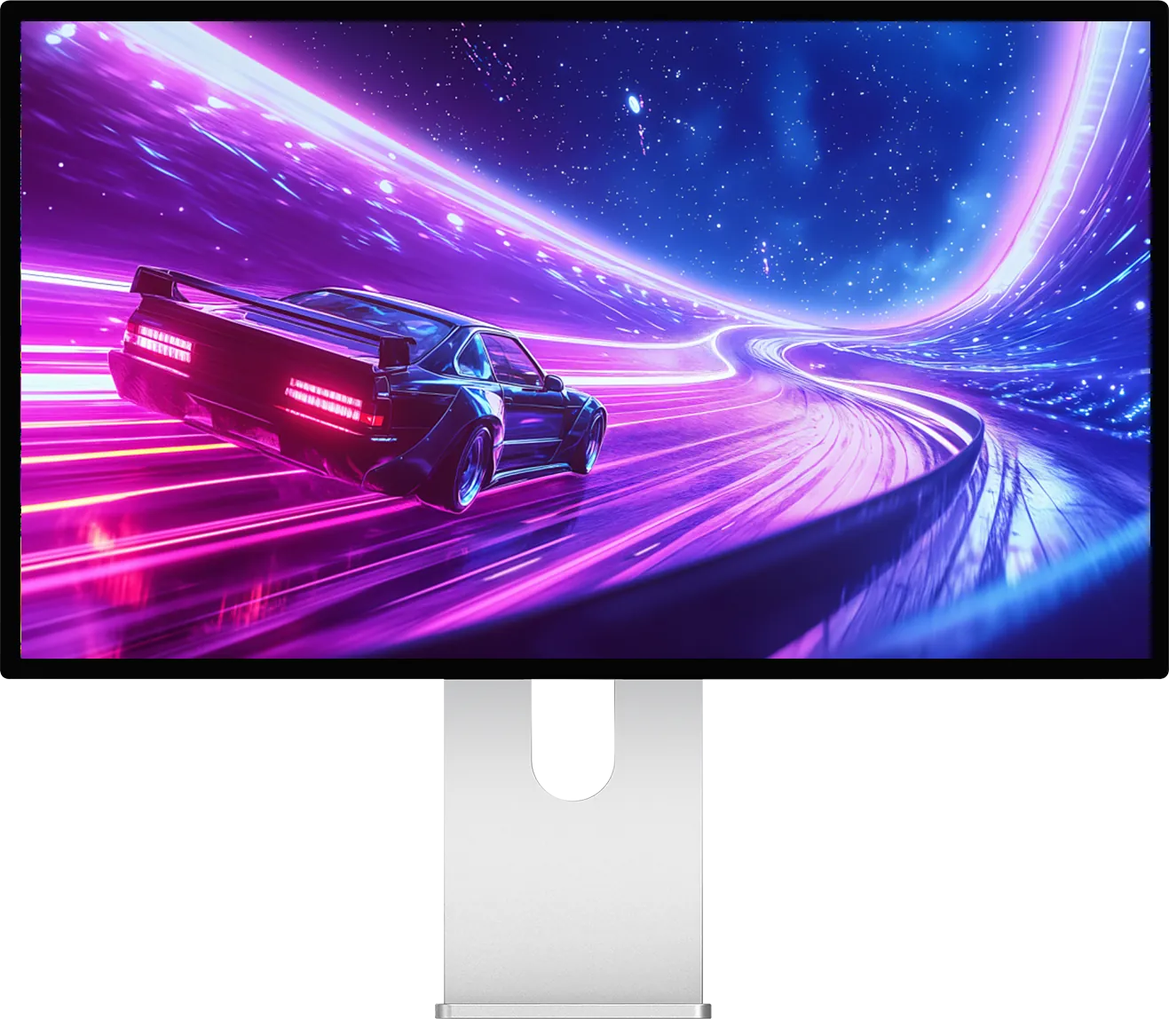 Front view of the Kuycon P27D monitor on its aluminum stand, showing a car speeding along a road of pink and purple light