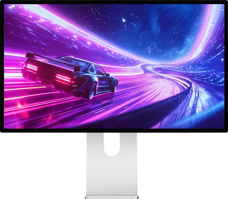 Front view of the Kuycon P27D monitor on its aluminum stand