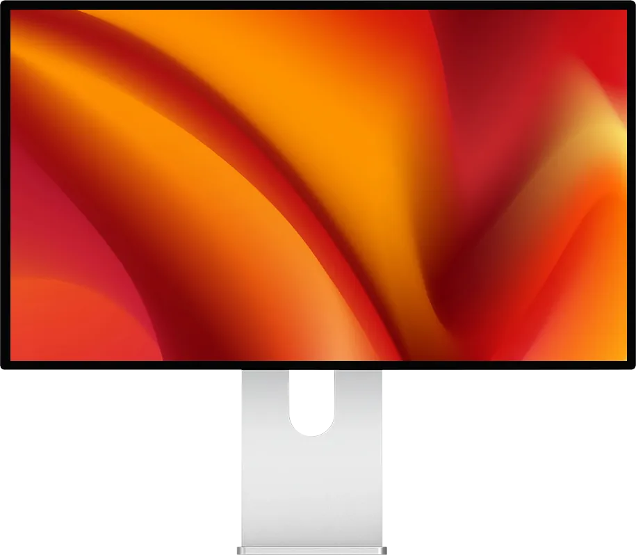 Front view of the Kuycon P27D monitor, showing orange and red waves, with thin, even bezels on all four sides