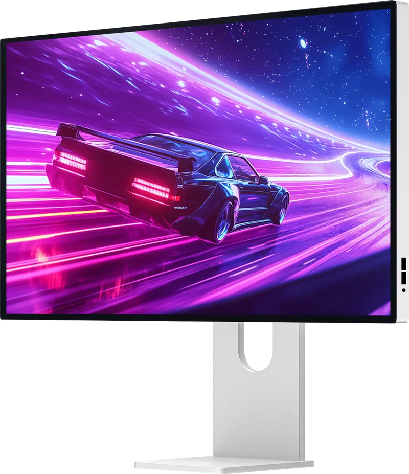 Three-quarter front view of the Kuycon P27D monitor, showing a car on a road of pink and purple light
