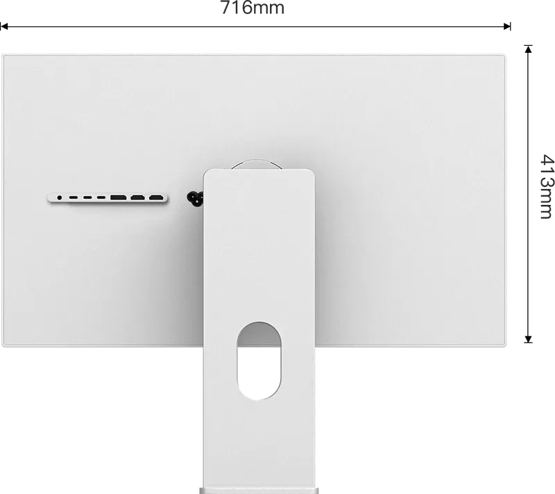 Diagram of the back of the Kuycon P32K monitor with its dimensions: 716 mm wide and 413 mm high without the stand