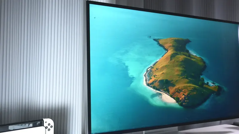 Three-quarter view of the Kuycon P32K monitor showing a green island surrounded by a turquoise sea, in highly saturated colors