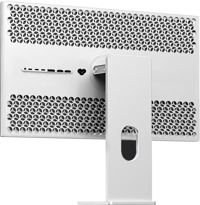 Three-quarter view of the perforated back of the Kuycon P32K monitor: two wide strips of perforated aluminum, row of connectors, power socket and aluminum stand
