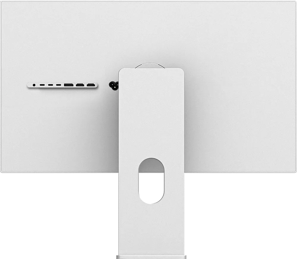 Plain back of the Kuycon P32K monitor seen straight on, with the central stand and the row of connectors