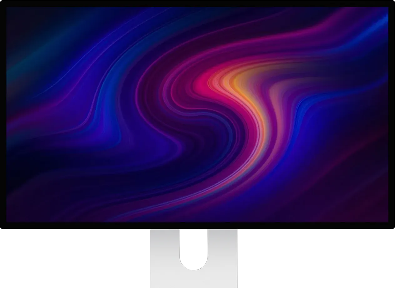 Front view of the Kuycon P32K monitor on its aluminum stand, showing blue, purple and pink waves of light