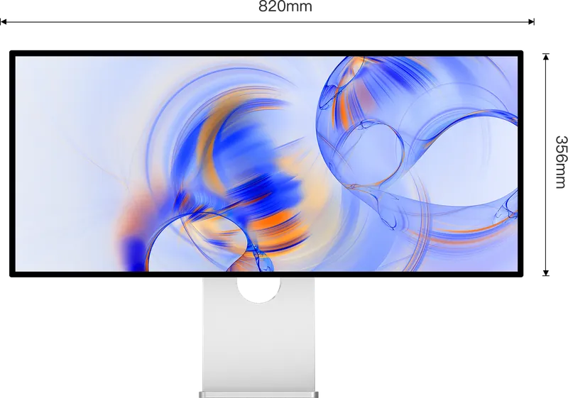رسم أمامي لشاشة Kuycon Q34W مع أبعادها: عرض 820 mm وارتفاع 356 mm دون الحامل
