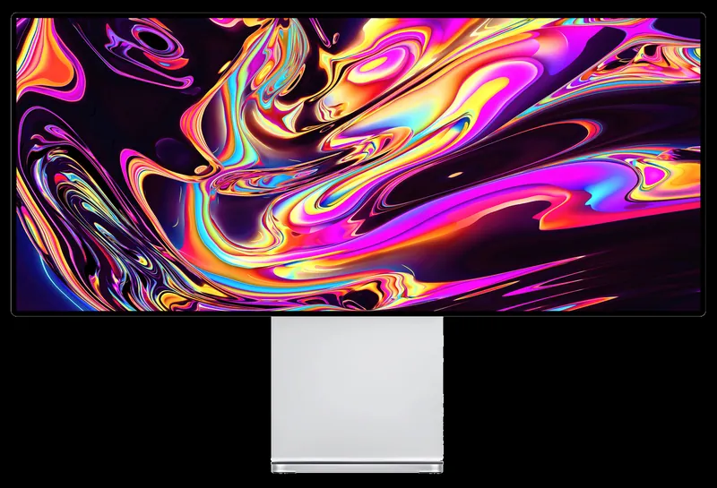 Monitor Kuycon W34KB su sfondo nero che mostra volute rosa, arancioni, gialle e blu molto sature, per illustrare la ricchezza dei colori