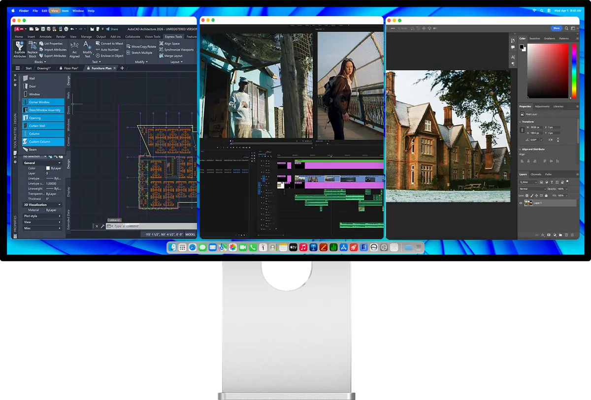 Monitor Kuycon W34KB che mostra tre applicazioni una accanto all'altra: un software di disegno tecnico, un software di montaggio video e un software di ritocco fotografico